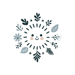 Smiling Cartoon Sun with Floral and Leaf Border in Soft Colors for Kids Room Wall Art Illustration