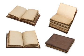 An open empty old notebook isolated on a white background.