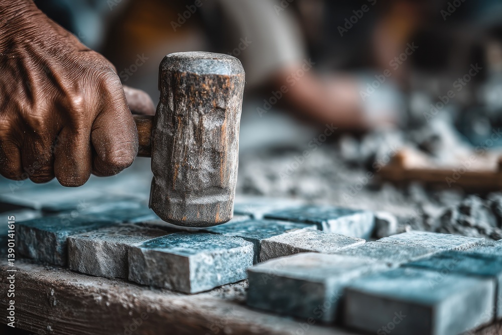 Aufkleber close-up shows a craftsman using a hammer to set small gray stone tiles, emphasizing the detail and 
