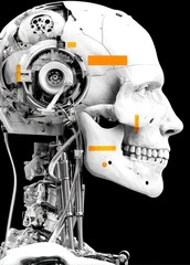 Fototapeta premium A detailed view of a robotic head showcases complex mechanical elements intertwined with a lifelike skull. The arrangement reflects the chaotic yet organized nature of machine learning innovations