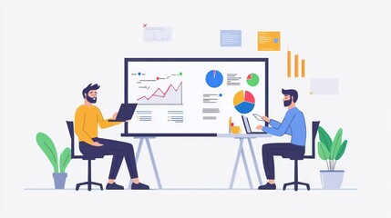 business presentation by handsome man, team analyzing charts on whiteboard