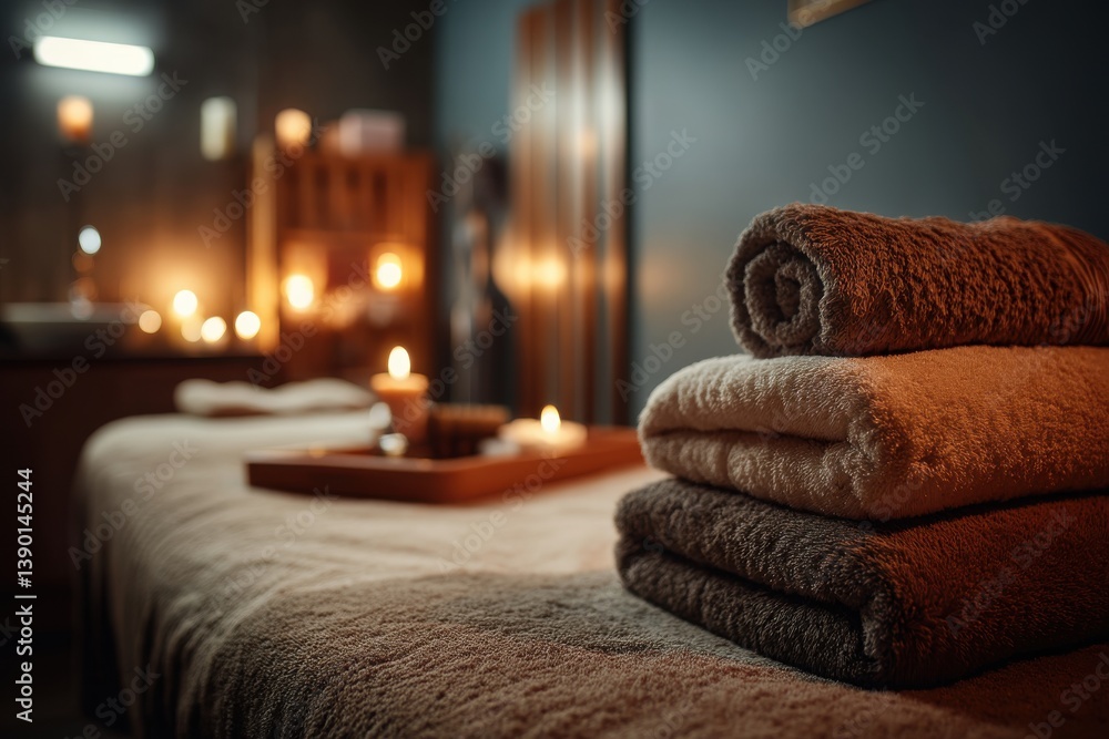 Poster a serene spa scene featuring a stack of towels, candles, and soft lighting, creating a relaxing and 