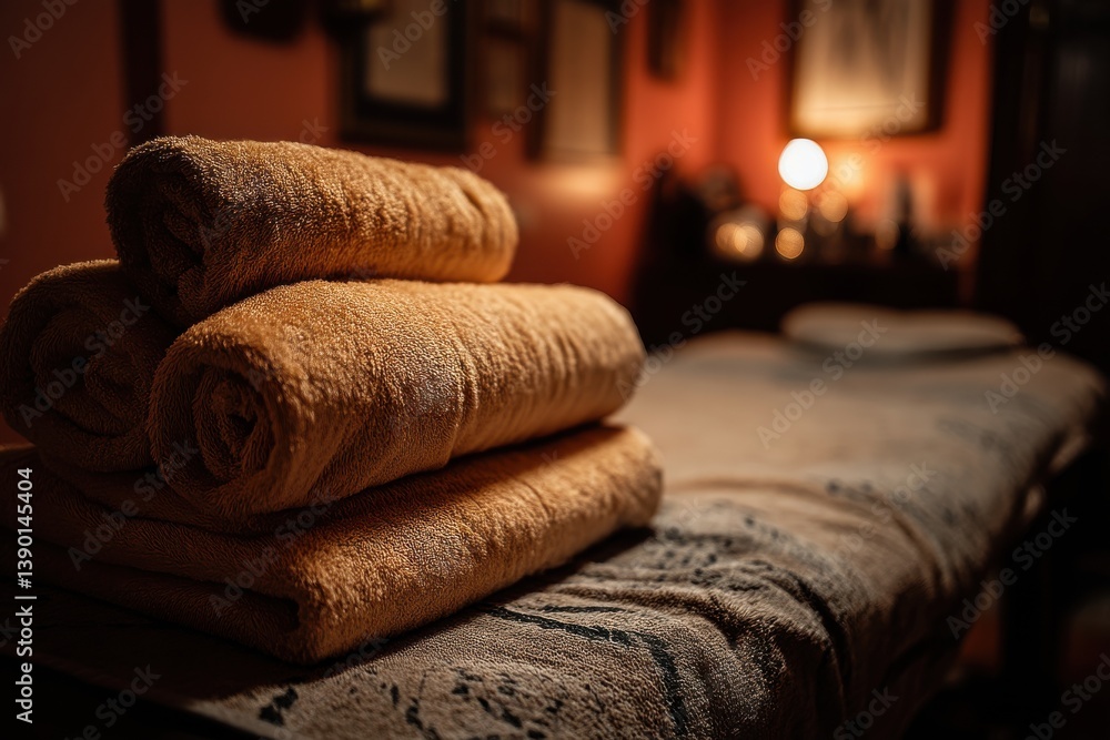 Poster a stack of soft towels on a massage table, creating a warm and inviting spa atmosphere, promising re