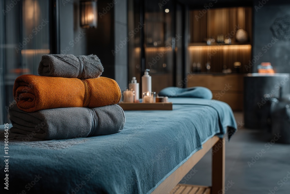 Aufkleber a serene spa setting with stacked towels and a massage table, illuminated by soft candlelight creati