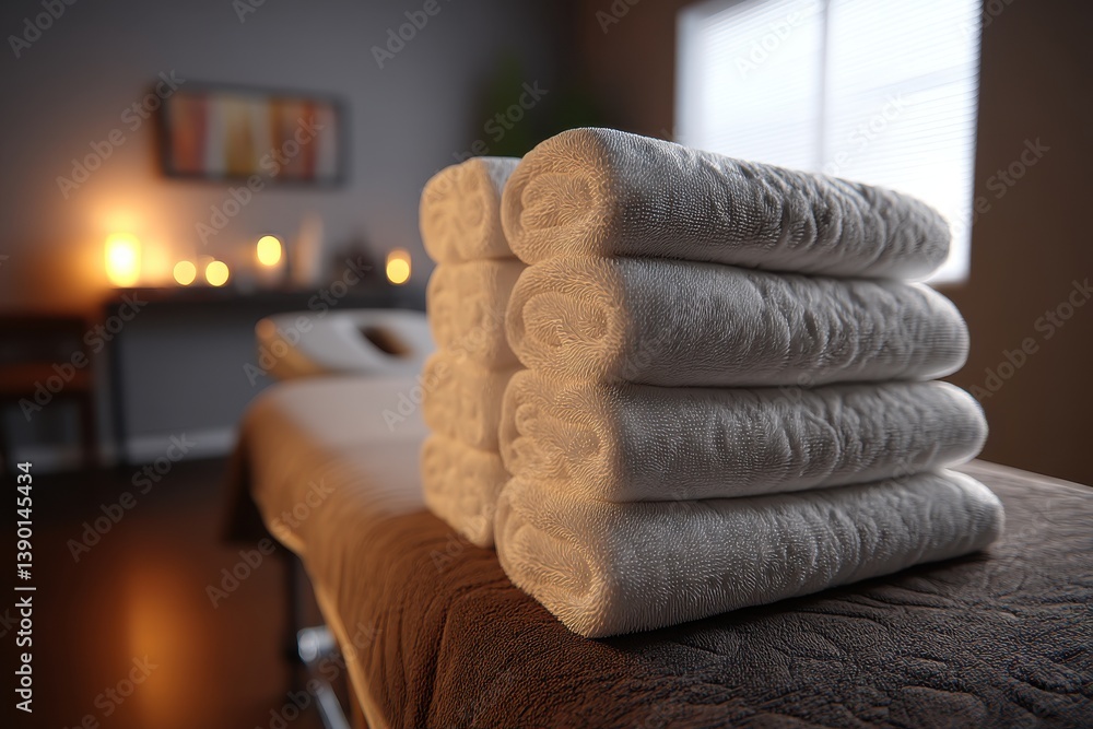 Poster a serene spa environment featuring a stack of plush white towels on a massage table, bathed in soft 