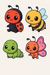 Obraz premium Adorable cartoon illustration featuring four colorful insect characters: ladybug, bee, caterpillar and butterfly, all smiling and friendly, ideal for children’s designs, learning and creative projects