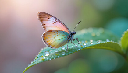 Fototapeta premium Colorful Butterfly On Dewy Leaf
