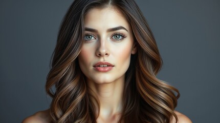 Fototapeta premium Portrait of a woman with voluminous, wavy brunette hair and a subtle makeup look placed against a neutral background