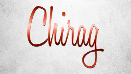Red 3D text effect of Hindi name Chirag on silver background.