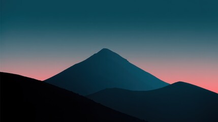 A breathtaking view of a prominent mountain rises against a darkening sky, showcasing a stunning gradient of soft colors as night approaches, creating a tranquil atmosphere