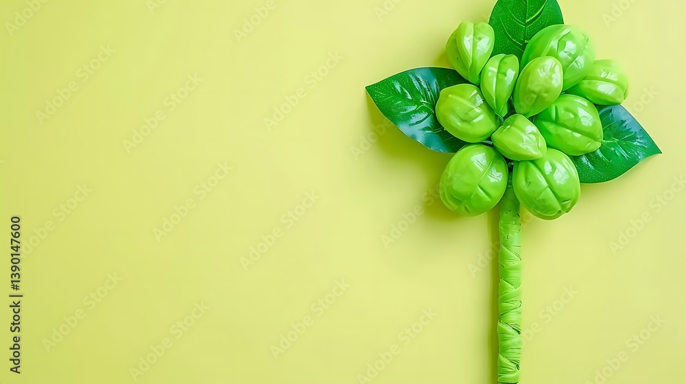 Poster artificial green flower display arranged on a simple yellow background