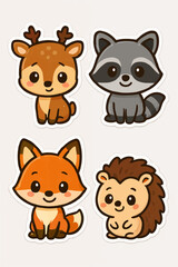 Adorable cartoon illustration featuring four forest animals: deer, raccoon, fox and hedgehog, all smiling and friendly, ideal for children&rsquo;s designs, stories and educational projects