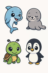 Naklejka premium Adorable cartoon illustration featuring four marine and polar animals: dolphin, seal, sea turtle and penguin, all smiling and friendly, perfect for children’s designs and educational projects