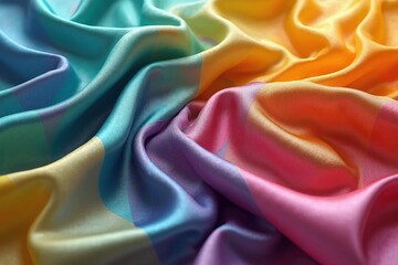 A Multicolor Satin Fabric With Rainbow Gradient Folds. High-Resolution. Suitable For Fashion Editorials Or Creative Branding Or Textile Design. Perfect For Advertising Or Packaging Or Digital Art