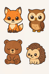 Obraz premium Adorable cartoon illustration featuring four forest animals: fox, owl, bear and hedgehog, all smiling or calm, ideal for children’s designs, storytelling and creative projects