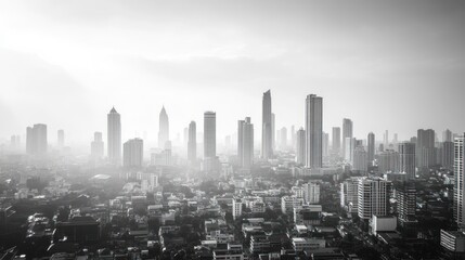 City skyline panorama, hazy morning view, urban landscape, background