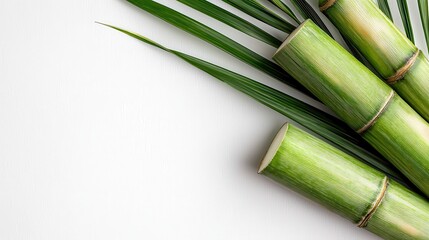 Fototapeta premium Fresh bamboo stalks with vibrant green leaves arranged on a light background, showcasing natural beauty and texture.
