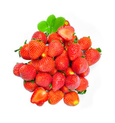 fresh strawberry with leaf on white background. top view.