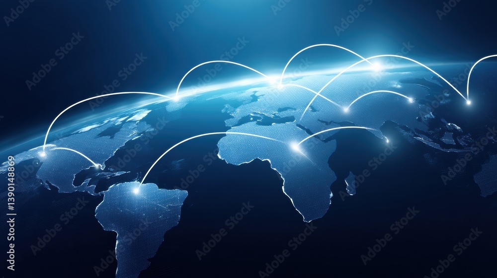 Poster a digital representation of the earth showcasing global connectivity through illuminated network lin