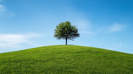 Obraz premium Solitary tree on a green hill under a blue sky. (1)