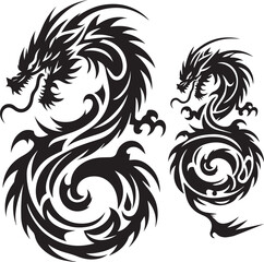 Tribal Dragon Tattoo Vector Illustration – Black Stylized Mythical Beast Design

