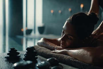 A serene spa scene of a woman receiving a hot stone massage with zen stones and soothing ambiance, emphasizing wellness, relaxation, and luxurious self-care treatments.
