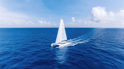Obraz premium Luxurious sailboat glides across azure ocean. White sail against clear sky. Aerial view