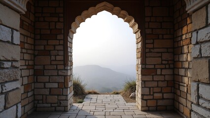 Stone archway entrance, misty backdrop