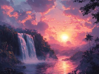 A Tropical Paradise: Waterfall at Sunset, a Serene Landscape with Vibrant Colors, Lush Vegetation, and Tranquil Waters Reflecting the Fiery Sky
