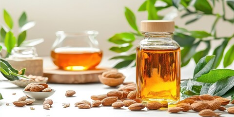 A glass bottle of almond oil surrounded by raw almonds and green leaves, evoking a sense of natural beauty and wellness.