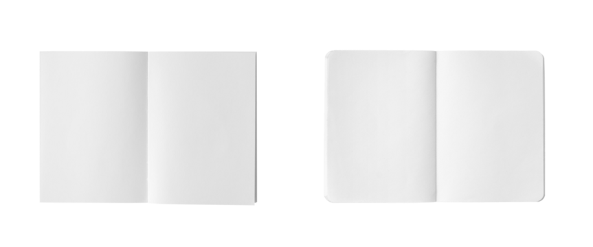 Two white notebook clippings: one square-cut and one rounded-corner, captured from a direct overhead angle