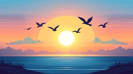 Sunset over calm ocean with flying birds.