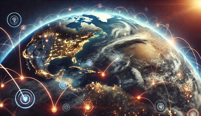 High-resolution image of Earth from space, showing North America and Africa lit up at night with glowing global Wi-Fi icons and data transfer lines connecting continents, symbolizing digital connectiv