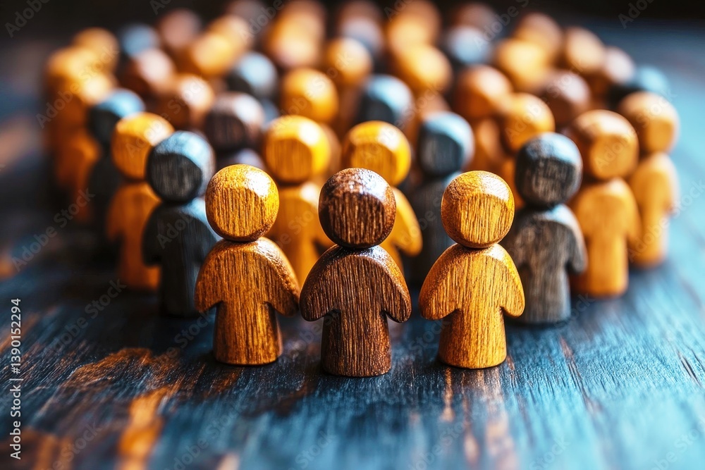 Aufkleber diverse wooden figures arranged in a circle symbolizing community and connection with a focus on uni
