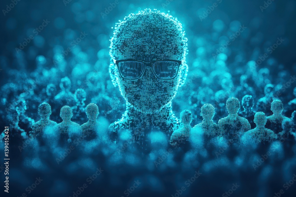 Poster digital representation of a human figure surrounded by abstract crowd, emphasizing technology, ident