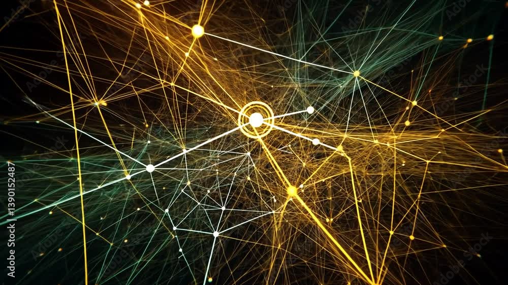 Poster abstract connection of particles with vibrant colors in a dark space generative ai