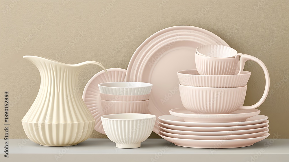 Poster a collection of dinnerware and serving items displayed on a shelf