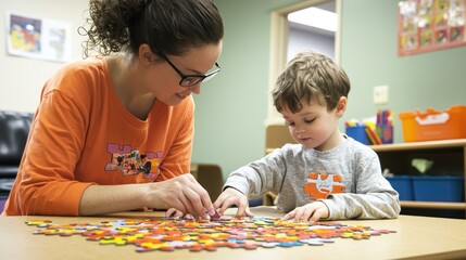 A childcare worker helping a child solve a puzzle at a learning station.