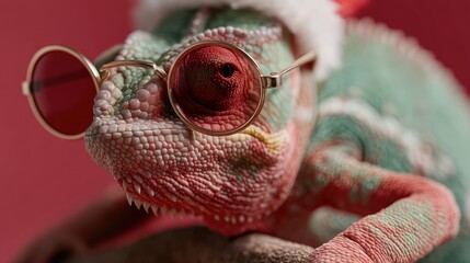 A charming chameleon wearing stylish glasses and a festive Santa hat showcases a fun blend of color, personality, and holiday spirit in a lively and whimsical setting.