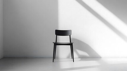 Simple black chair in sunlit room.