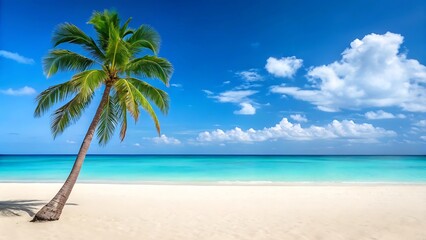 Fototapeta premium Beach palm tree ocean sand sea summer tropical paradise vacation