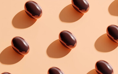 Dark Chocolate Easter Egg Pattern on Peach Colored Background, Modern Minimal Holiday Concept