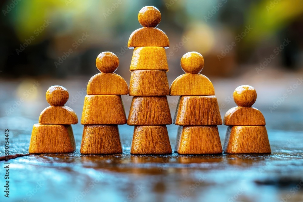 Poster wooden figurines stacked strategically to represent teamwork and collaboration in a natural setting 