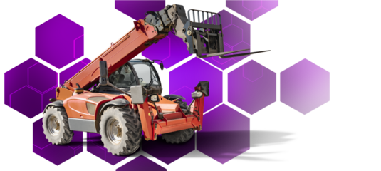 This heavy-duty telescopic handler showcases its robust construction and functionality, surrounded by a bold geometric backdrop that emphasizes its presence in any setting.