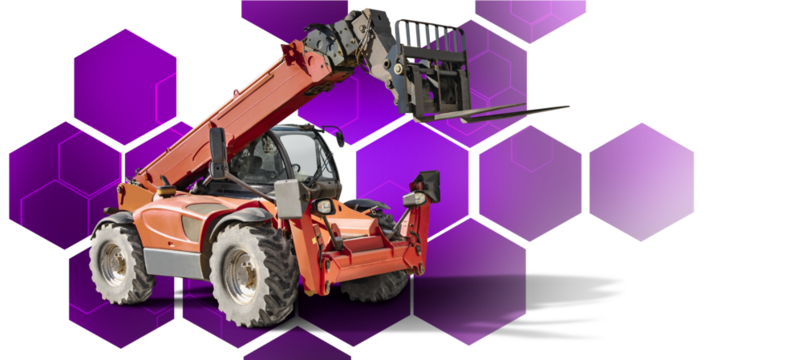 This heavy-duty telescopic handler showcases its robust construction and functionality, surrounded by a bold geometric backdrop that emphasizes its presence in any setting.