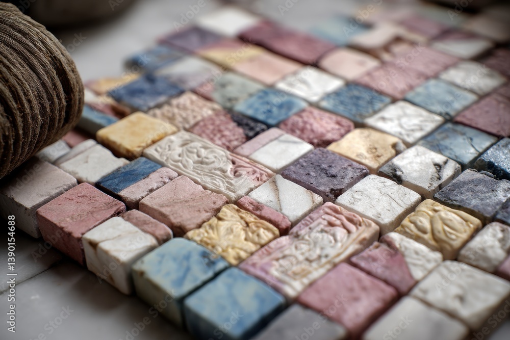 Poster macro shot of colorful mosaic tiles in square shape, with unique patterns and textures, creating a v