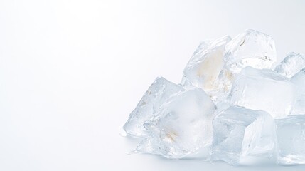 Obraz premium Ice Cubes Pile Clean Minimalist Style High-resolution Studio Lighting Close-up Scattered Arrangement Translucent Texture Refreshing Concept White Background Cool Icy Tones Drink Advertisement