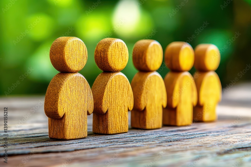 Poster wooden figures standing in a line on a rustic table with a natural green background representing tea