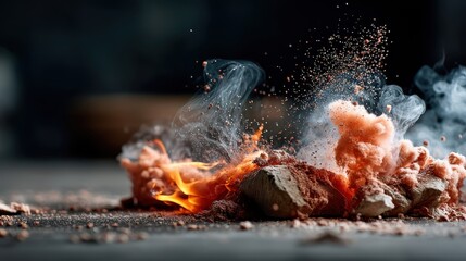 An intense moment captured with smoke billowing and sparks flying, showcasing the raw energy and unpredictable nature of materials igniting in an explosion.