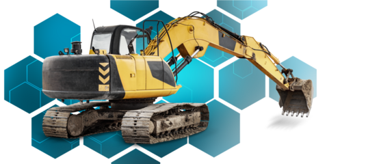 A powerful excavator showcases its robust design, set against a striking geometric pattern that infuses energy into the scene.